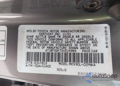 2002 Toyota Camry Le V6 из США, поврежденный, VIN 4T1BF32K72U514989